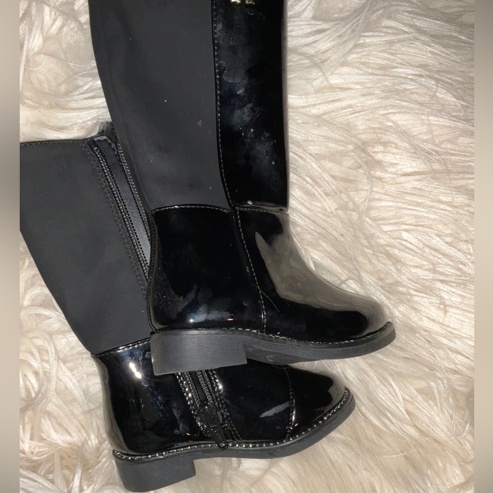 Black Patent Leather Rhinestone Riding Boots - Picture 4 of 6